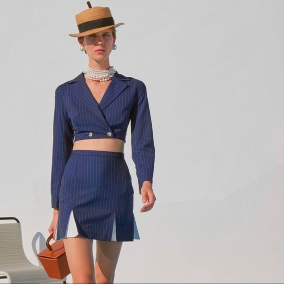 Staud Navy Blue Cropped Pinstriped Blazer & Pinstripe Liv Pleated Skirt Set - Picture 2 of 4